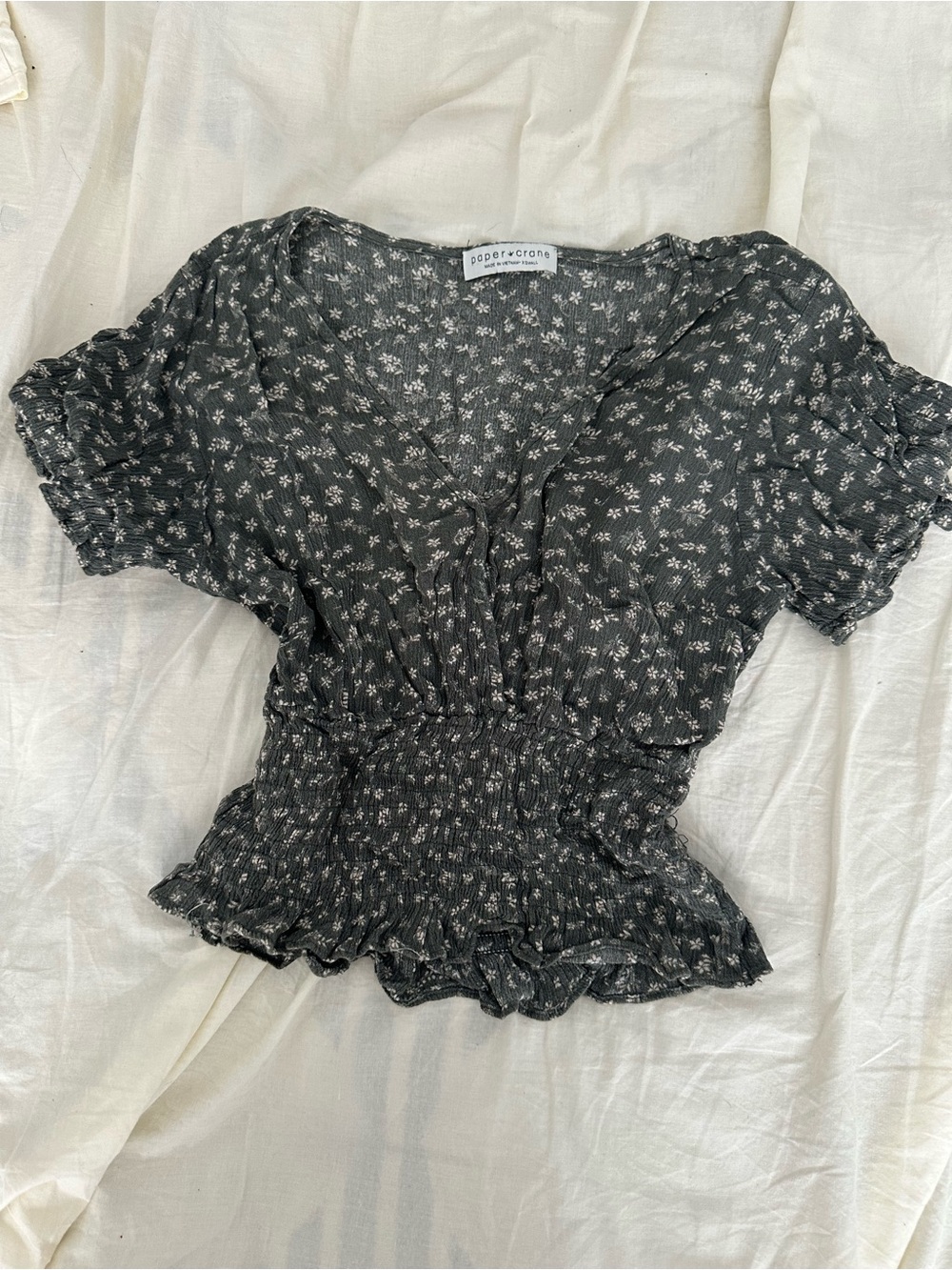 Paper Crane Green Floral Smocked V-Neck Ruffle Top